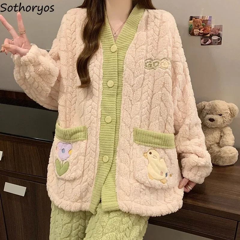 V-neck Pajama Sets Women Jacquard Trendy Coral Fleece Korean Fashion Autumn Winter Plush Cozy Long Sleeve Popular Daily Homewear