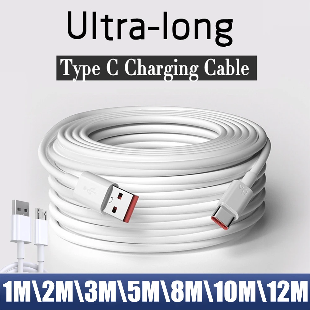 Cable de carga rápida TYPE-C USB, dispositivo Micro USB C de 66W, 3M, 5M, 8M, 10M, 12M, para cámara Huawei, Xiaomi, Samsung