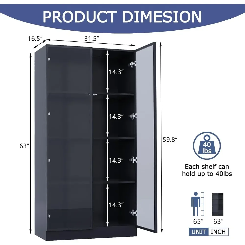 Display Cabinet with LED Lights Set of 2, Glass Display Case Cabinet with 4-Tier Shelves, Curio Cabinet with 2 Glass Doors