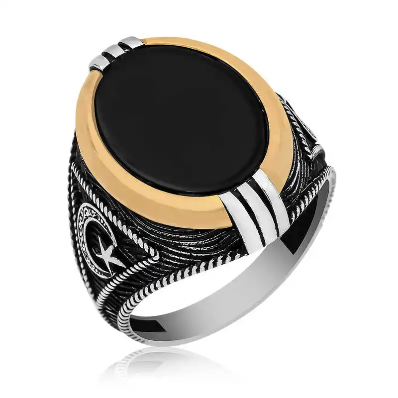 Sterling Silver Onyx Stone Men's Ring With Crescent and Star - 925 Sterling Men Jewelry Wedding Party Birthday Gift - Box - Onyx Stone - for Man - Fashion - Botiva - Size - Turkish - Patterned Embroidered