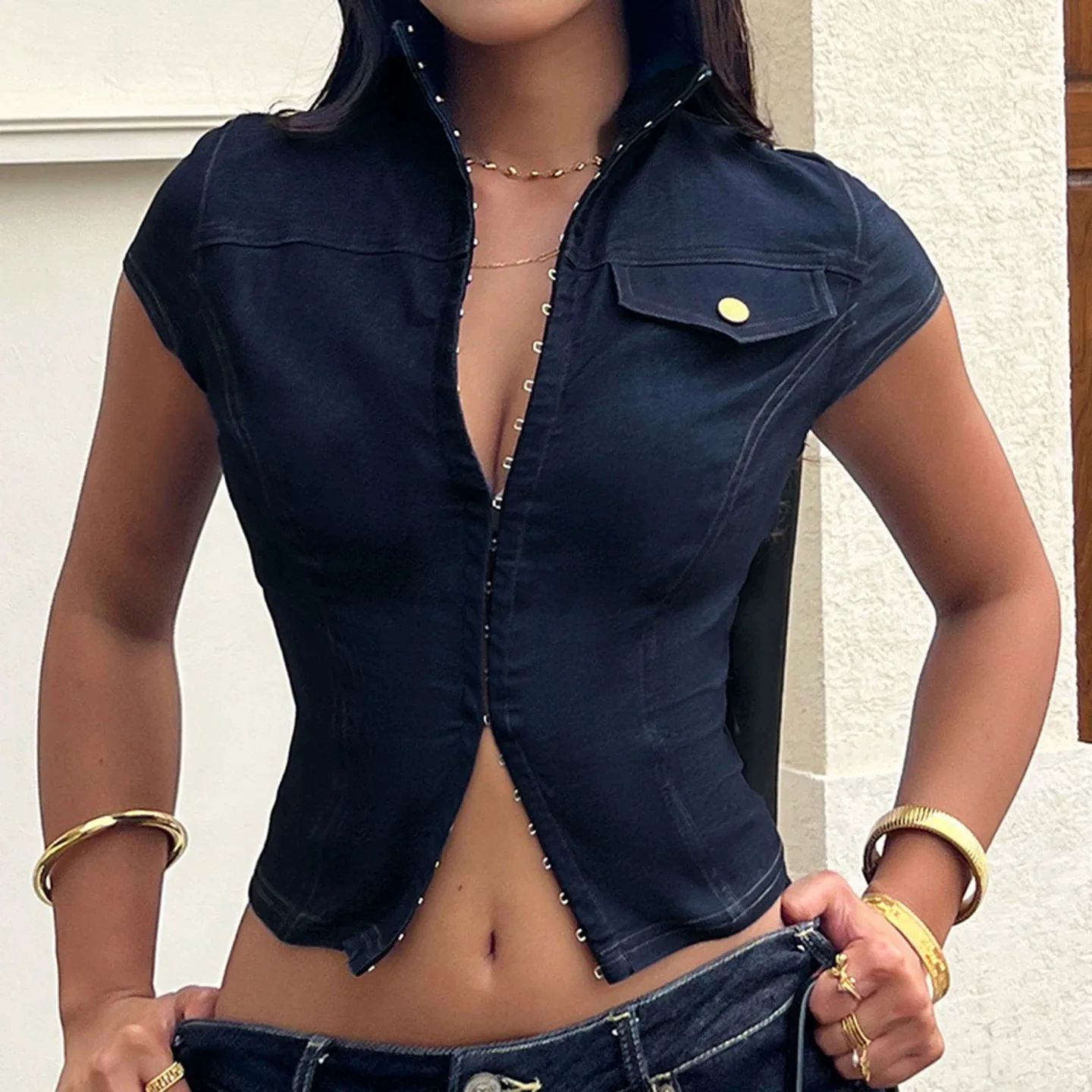 Retro Corset Tops Fashion Womens Sexy Single Breasted Cardigan Fake Denim Top Hot Girls Y2k Party T-Shirt Womens