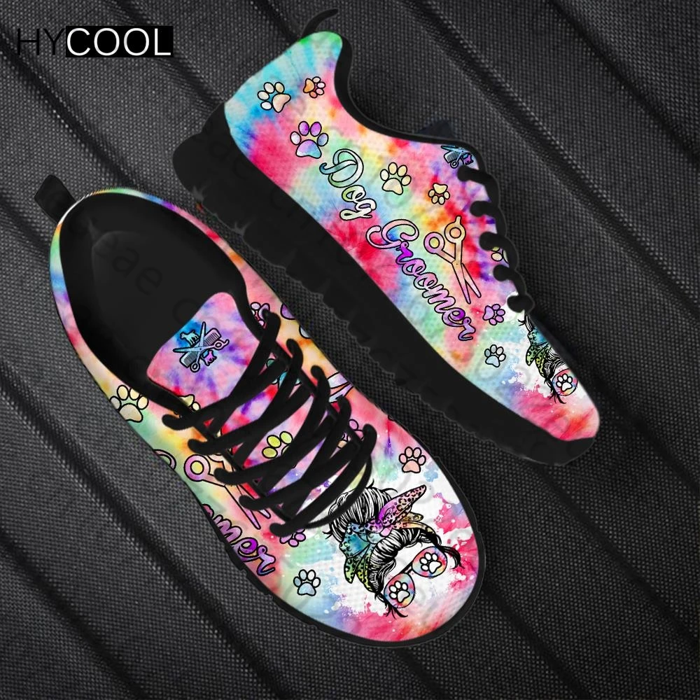 HYCOOL Women Flats Sport Shoes Dog Groomer Tie Dye Pattern Print Breathable Mesh Air Female Gym Sneaker Running Zapatillas Mujer