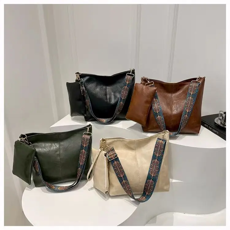 Damen-Eimer-Einkaufstaschen-Set aus Retro-PU-Material, verstellbarer breiter Riemen für den täglichen Bedarf, mit modischem Reißverschluss und Polyesterfutter – Detail 4