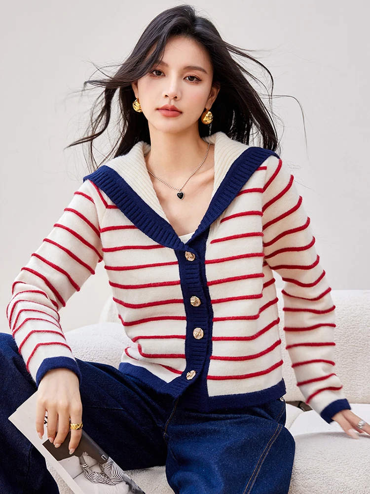 2024 New Sailor Collar Single-breasted Knitted Cardigan Women Lapel Striped  Sweater Autumn Fashion Casual Coat