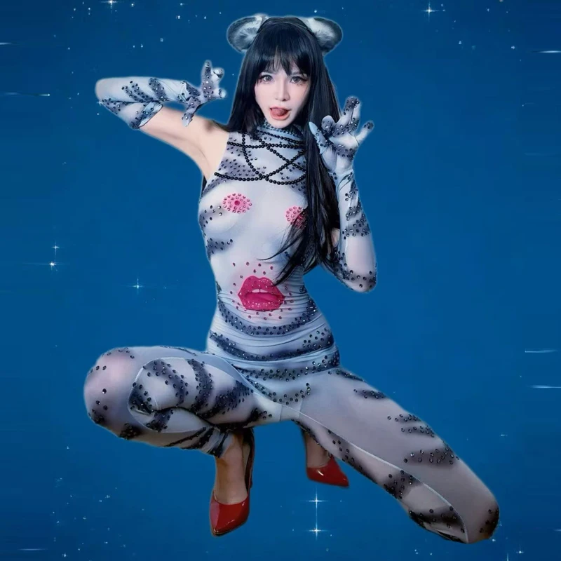 Drag Queen Kostüm Tiger Muster Strass Overall Frauen Pole Dance Rave Outfit Bar Nachtclub Dj Bühne Gogo Tragen XS10411