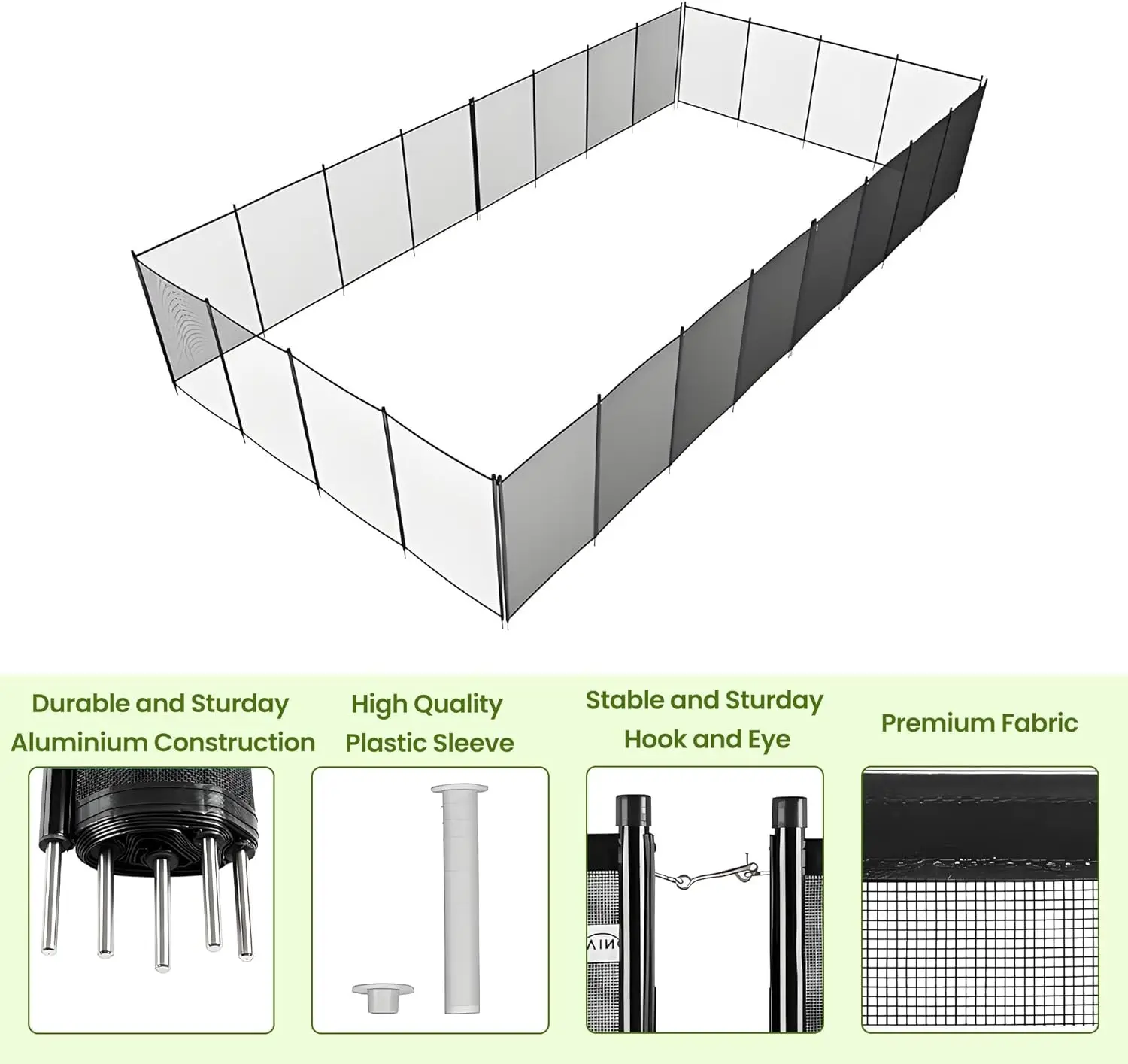 Valla de Piscina Removible de Fácil Instalación – Barrera de Seguridad de Malla de Aluminio de 4x48 pies para Piscinas Enterradas, Protege a Niños y Mascotas