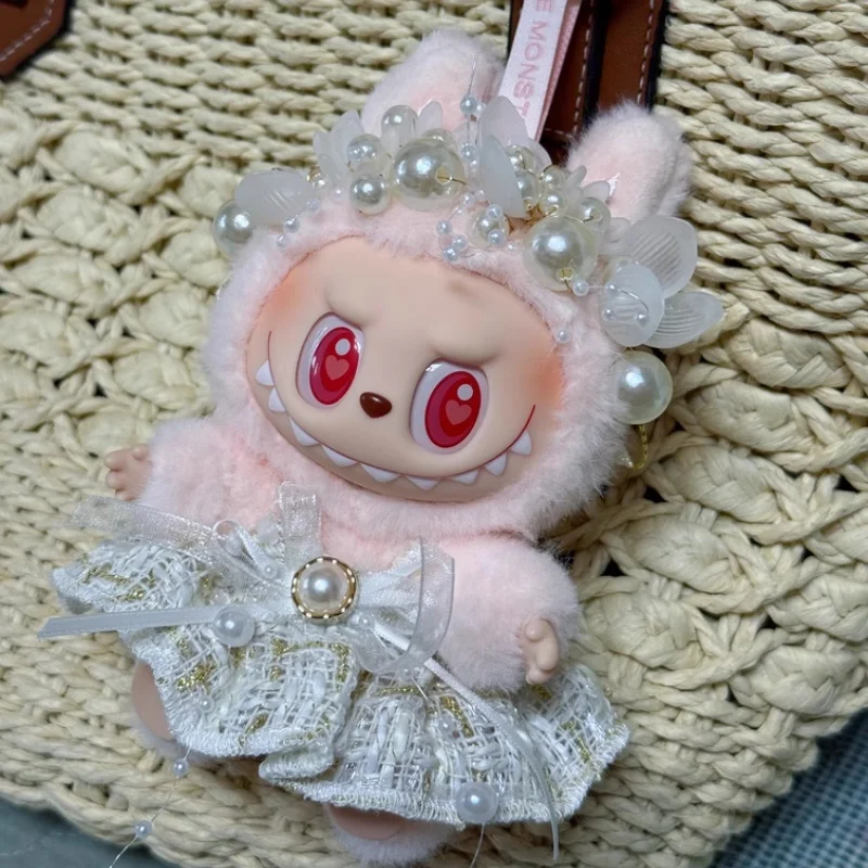 Labubu Clothes Set Designer Original White Dress Pearl Petal Headband Silk Ribbon Doll Accessories Wedding Dress Labubu Clothes