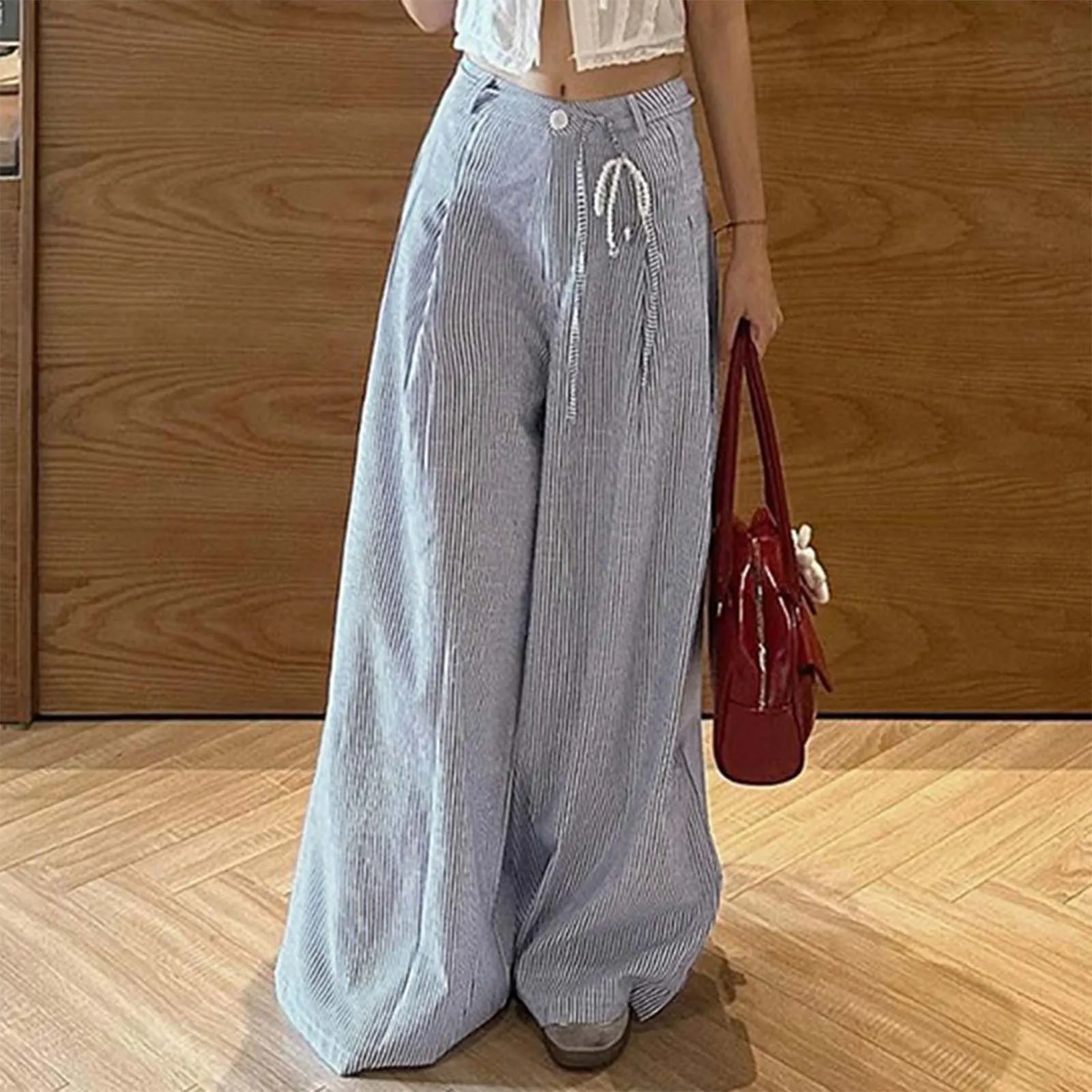 

Ladies Wide Leg Pants Stripe Low Waist Wide Leg Baggy Chic Striped Korean Streetwear Drawstring Loose Straight Long Loungewear