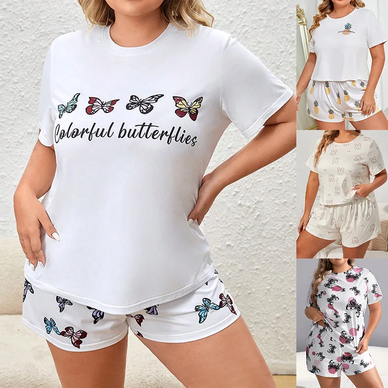 5XL Plus SIze Summer Women's Pajamas Set Screw Neck Tee & Shorts Sleepwear 2 Pieces Print Nightwear Elastic Waist Homewear Cloth