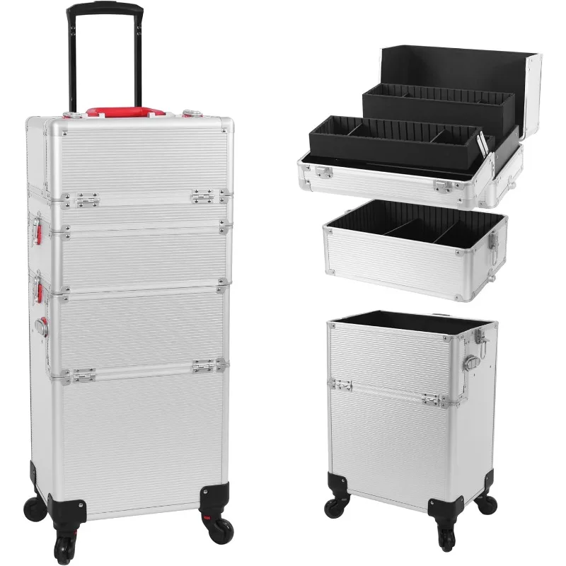 Professional Rolling Makeup Train Case, Multi-functional Cosmetic Trolley with 360° Swivel Wheels Keys Traveling