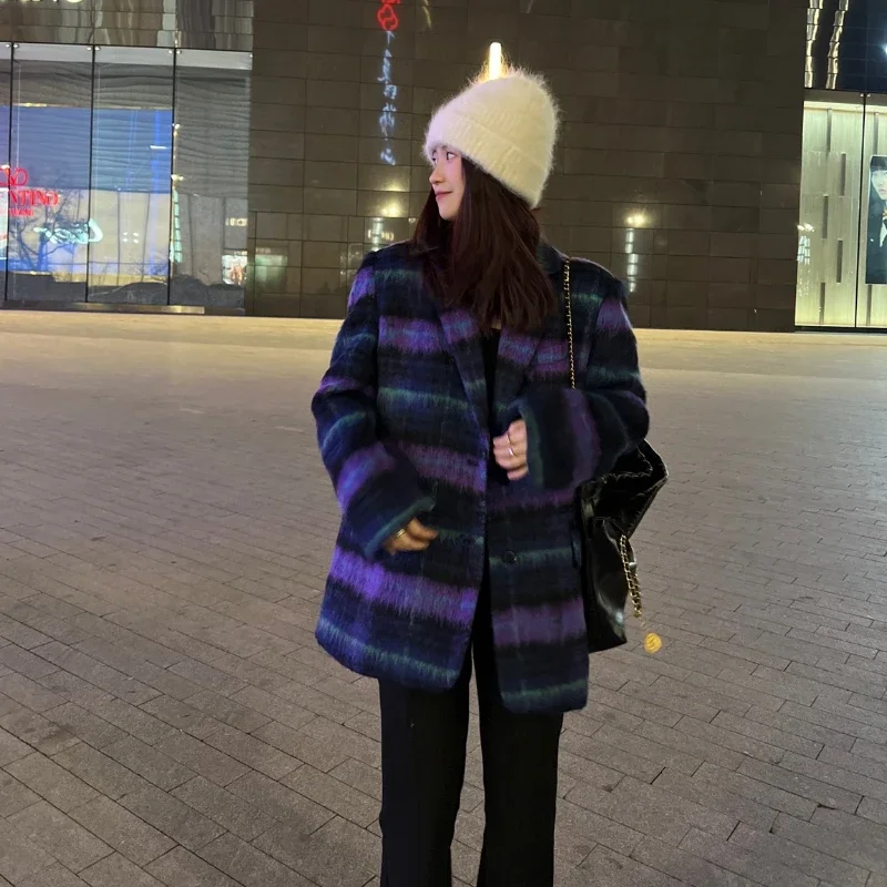 

2024 Autumn winter new purple checked wool suit coat women's loose vintage tweed coats