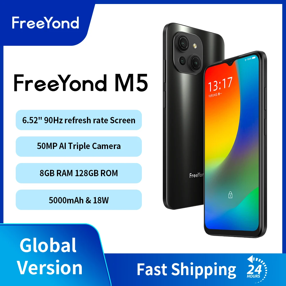 FreeYond M5 안드로이드 스마트폰, 8GB, 128GB, 50MP AI 트리플 카메라, 90Hz IPS 화면, 5000mAh, 18W 고속 충전 휴대폰