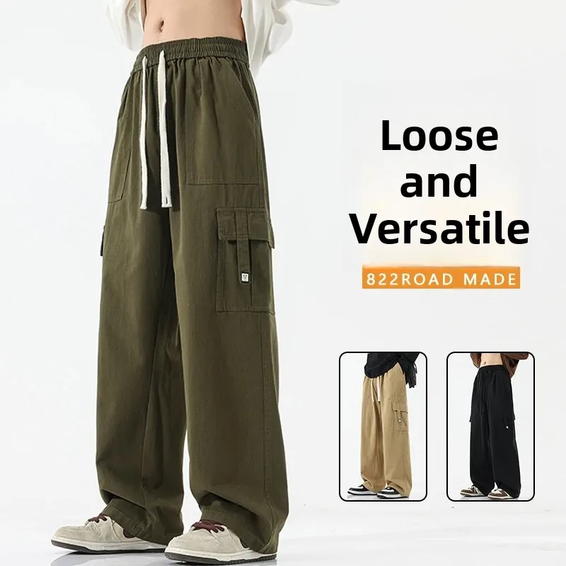 

Модные японские свободные прямые брюки в американском стиле, повседневные, с завязками, мужские, стильные, универсальные, широкие, хлопковые, рабочие