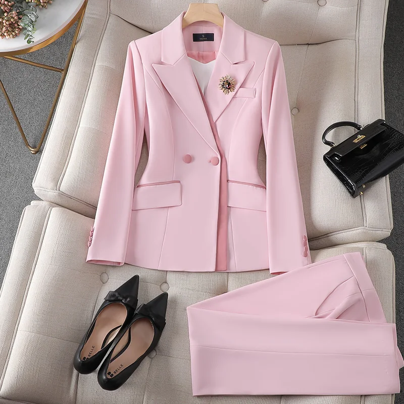 S-4XL PinK White Women Blazer and Pant Suit Office Ladies Business Work Wear 2 Piece Set Female Long Sleeve Jacket And Trouser