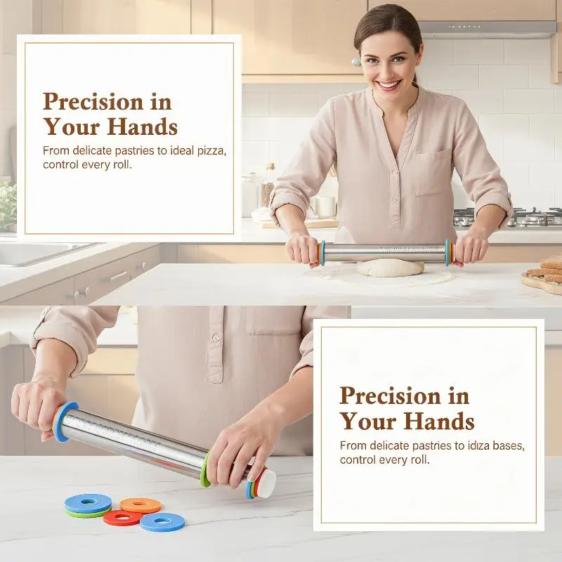 Stainless Steel Adjustable Rolling Pin with 4 Thickness Removable Rings Dough Roller for Pizza Cookie Baking Tools