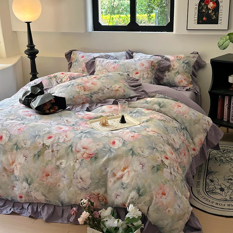 100% Cotton Flowers Printing Bedding Set Korean Style Ruffles Duvet Cover Sets Fitted Bed Sheet Pillowcases Home Textile