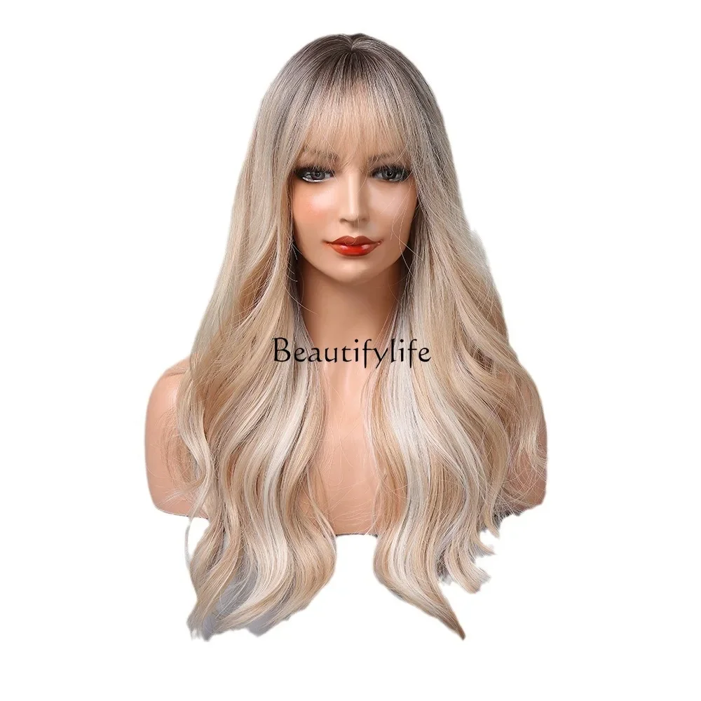 

Air bangs gradual change gold big waves long curly hair, wig