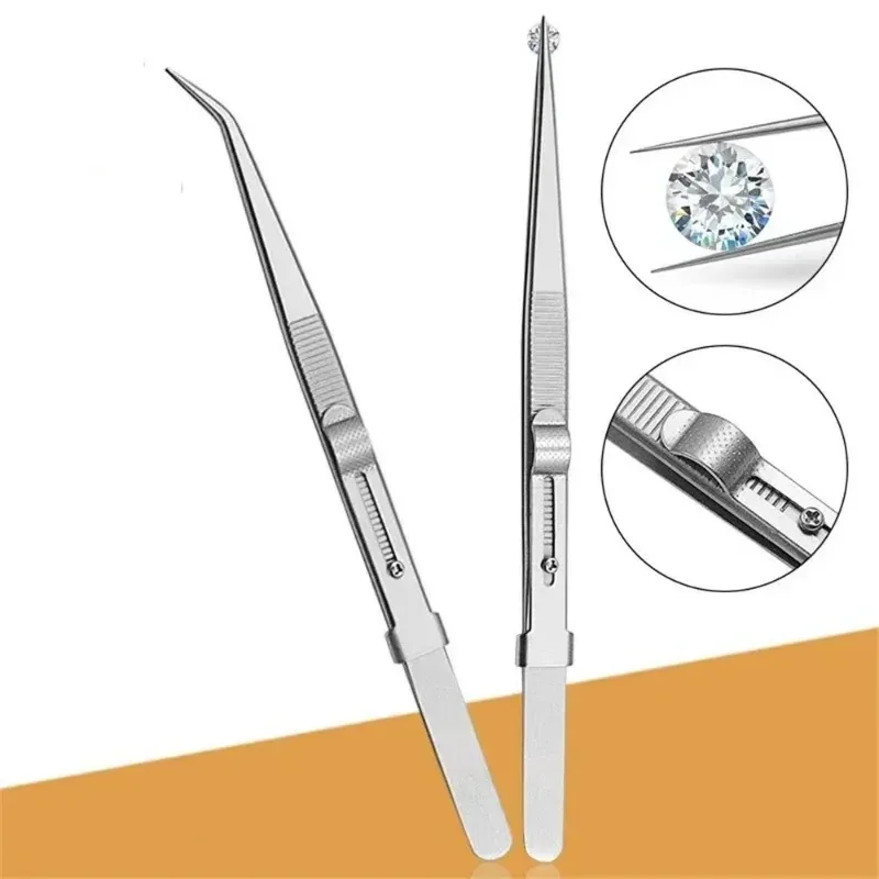 Professional Stainless Steel Tweezers with Adjustable Buckle Slide Lock Antistatic for Precision Diamond Gem Jewelry Making Tool