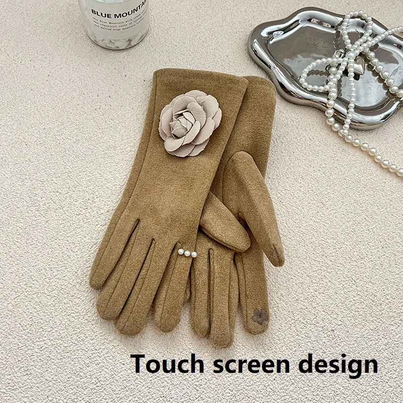 3D Flower Touch Screen Full Finger Gloves For Autumn And Winter Warmth With Thick Velvet Cycling Gloves Women Lady