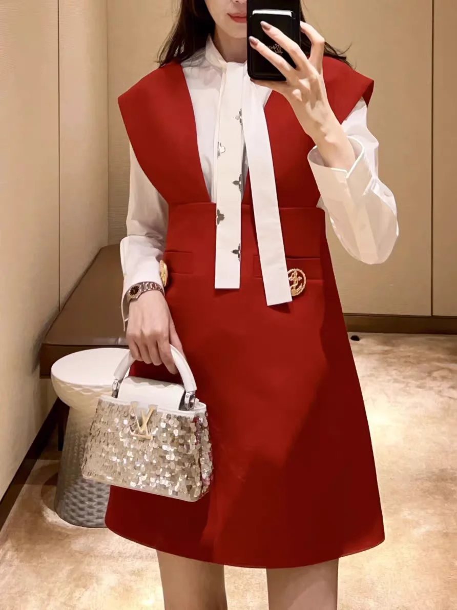 

Early Spring 2026 Retro Red Sleeveless Vest Dress Women Elegant Lady Style Vest Dress High Waist A-Line Skirt round Neckline