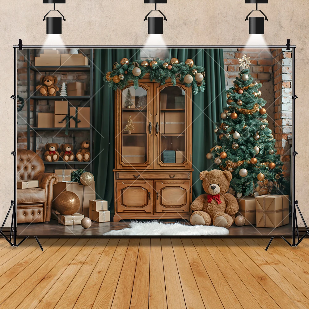 Christmas Photography Background Custom Xmas Trees Fireplace Teddy Bear Gifts Decor Backdrops Family Portrait Photo Studio Prop