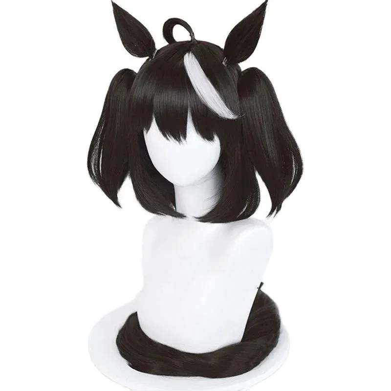 qq023Uma Kitasan Uma Musume Pretty Derby Cosplay Black White Wig with Bangs Ears Synthetic Hair Pelucas