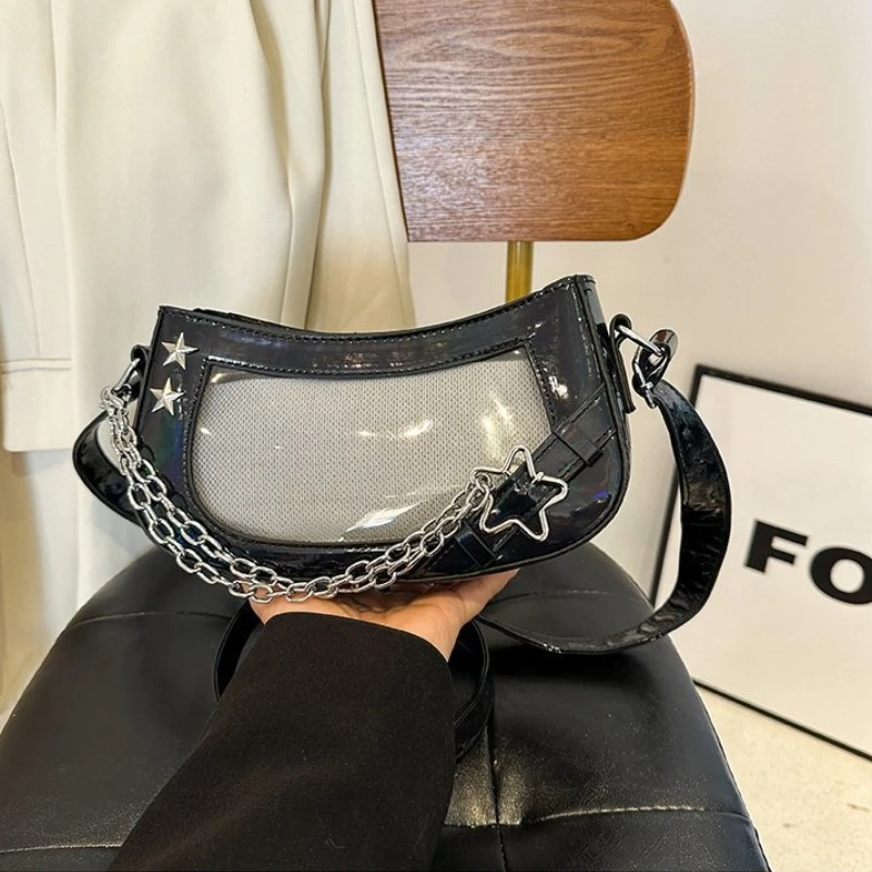 Personality Transparent Holographic Ita Bag Sweet Cool Y2k Aesthetic Punk Shoulder Handbags Women Vintage Ins Chain Underarm Bag