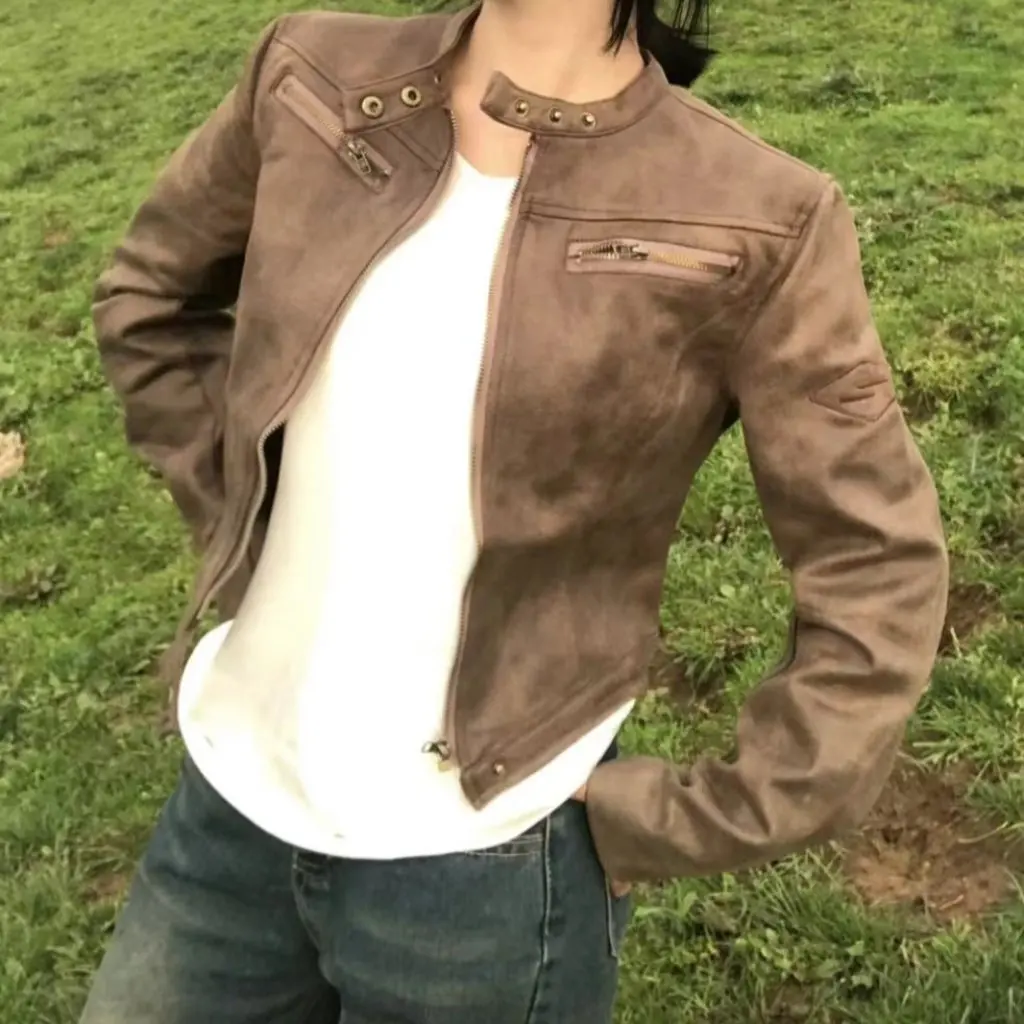 Jaqueta feminina curta de couro PU slim fit sexy retrô estilo motocicleta americana gola alta