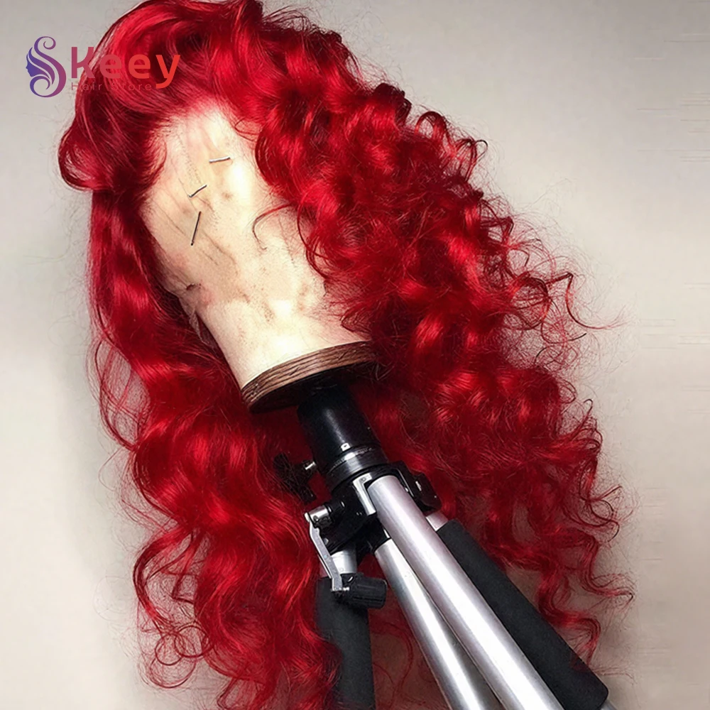 220 عالية الكثافة الأحمر موجة عميقة الملونة خصلات الشعر المستعار الإنسان 30 38 بوصة 13x4 Hd الدانتيل الباروكة الأمامية شعر بشري مجعد شعر مستعار للنساء السود