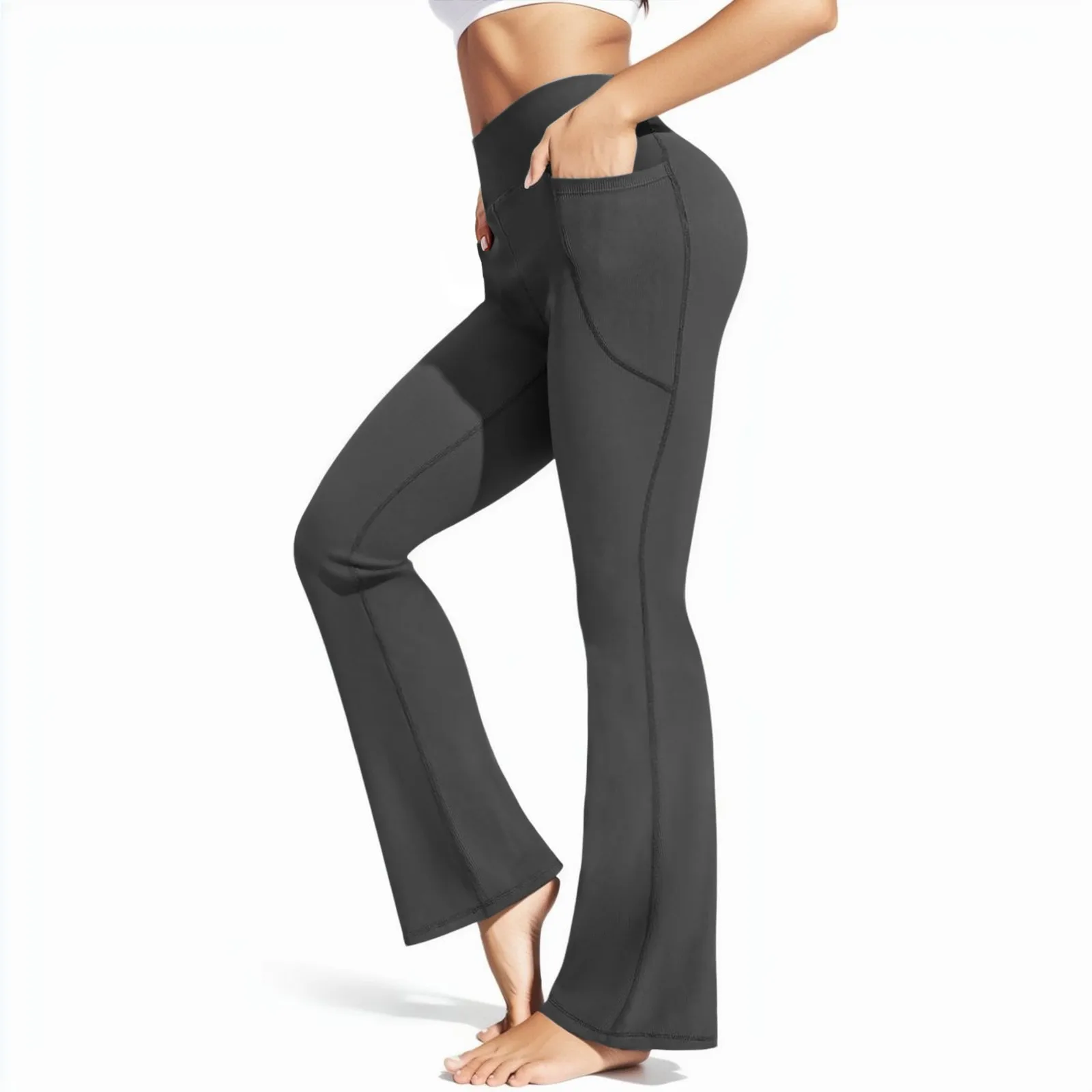 Calça sem costura de cintura alta para mulheres, calça de treino casual para perna flare, calça fitness anti-suor, bolso