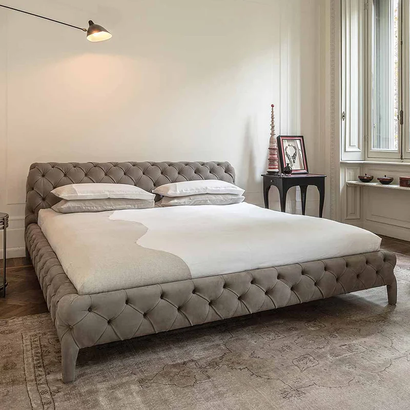 إطار من القماش سرير مزدوج إطار حديث تصميم كوين سرير مزدوج بحجم كينغ فاخر موفر للمساحة أثاث مضاء لشخصين لغرفة النوم