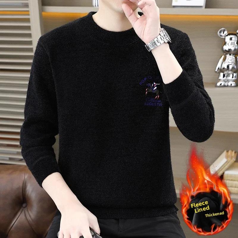 

Мужской вязаный свитер с флисовой подкладкой, повседневный, теплый, из полиэфирного волокна, с длинным рукавом, круглым вырезом, пуловер, модный городской стиль для осени