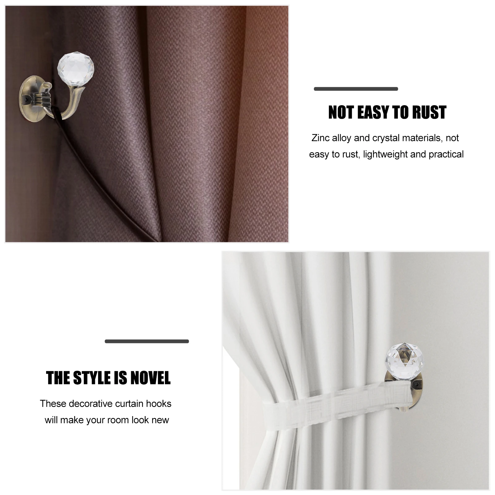 2 قطعة خطاف ستارة كريستال سبائك الزنك التصميم الإبداعي غير قابل للصدأ ديكور المنزل للحمام حوض غرفة خلع الملابس الستار المنزلية #4