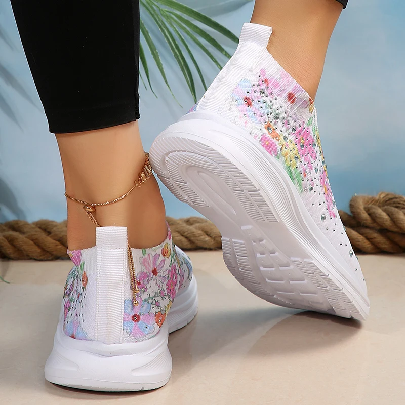 Zapatillas de deporte con estampado de malla para mujer, zapatos planos transpirables de punto con diamantes de imitación, cómodos, antideslizantes,