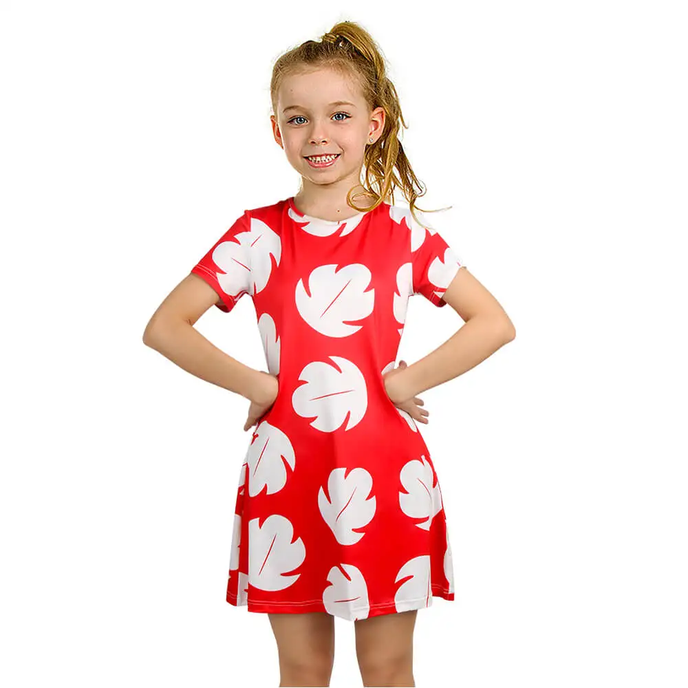 Lilo Dress for Kids Girls Long Red Dress Leaf Printed Summer Costume Halloween Cosplay Outfits