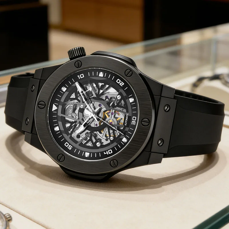LIGE Hollow Out Design Automatic Watch For Men Luxury Stainless Steel Rubber Strap Mechanical Watch 30M Waterproof reloj hombre