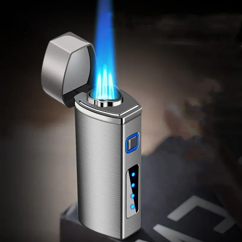 Touch Sensing Metal Outdoor Windproof Electric USB Lighter Turbo Three Torch Blue Flame Jet Cigar Tool Gas Lighter Men\'s Gift