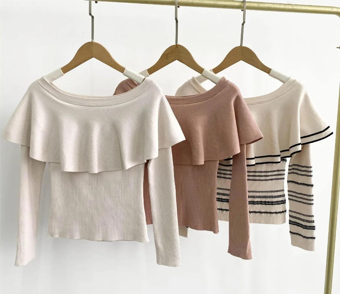 Kuzuwata Slash Neck Flare Sleeve Sweet Woman Sweaters Elegant Ruffles Shoulder Strapless Tops Japan Knit Stripe Sweet Jumper