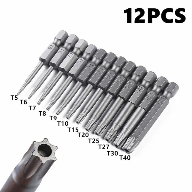 12 szt. 50 mm 1/4" z otworem sześciokątnym i bezpiecznymi końcówkami Torx - od T5 do T40 - idealne do projektów DIY