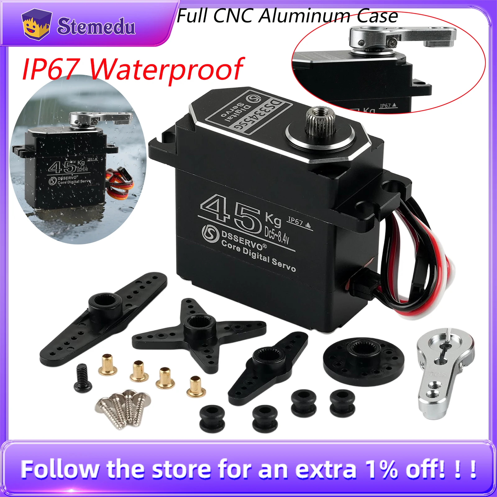 

DSservo DS3345 Корпус из алюминиевого сплава 45 кг IP67 Водонепроницаемый сервопривод с цифровой металлической шестерней для 1/8 1/10 RC Гусеничный автомобиль Лодка Грузовик
