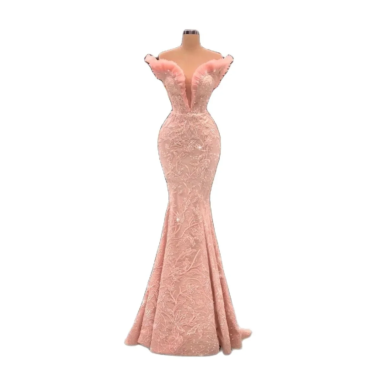 Pink Mermaid Prom Dresses Sexy Deep V Neck Sleeveless Sequins Appliques Beads Lace Floor Length Plus Size Formal Party Gowns