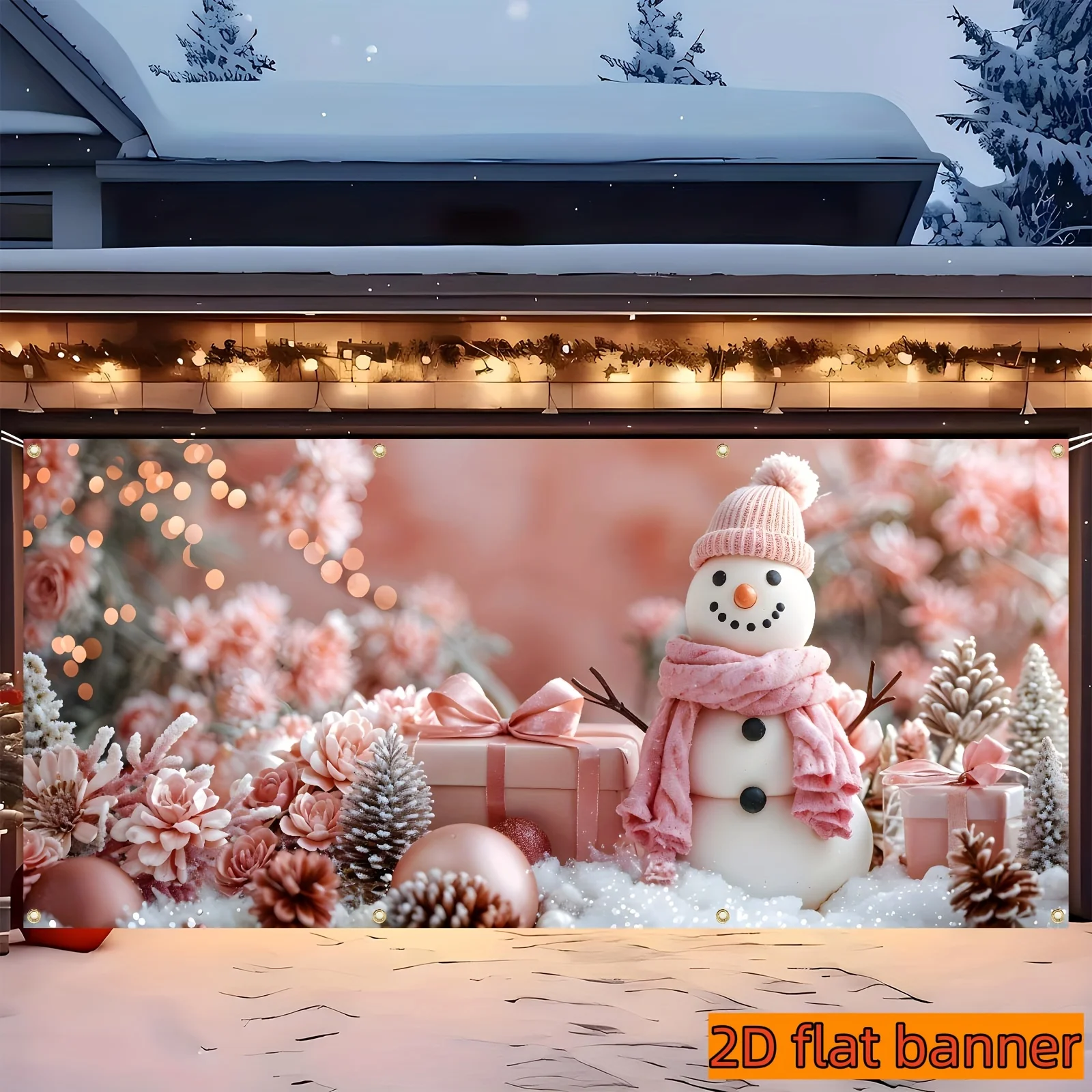 

1pc Large Pink Cute Christmas Snowman Garage Door Decoration, Festive Backdrops & Banners, Background Banner - Pink Snowman