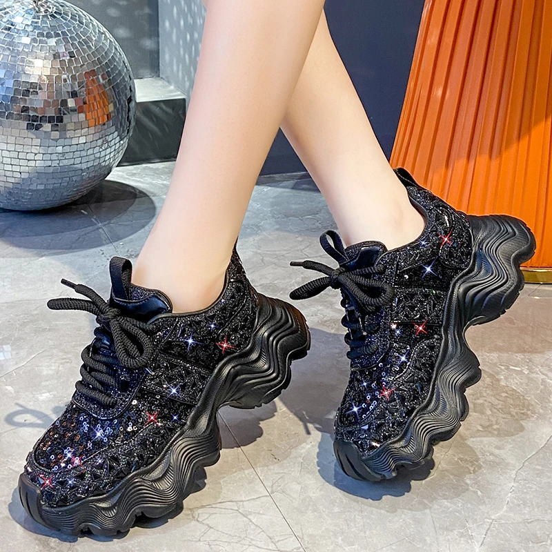 Women's Shiny Rhinestones Shoes Summer Breathable Mesh Casual Sneakers Women's Sport Shoes Platform Luxury Shoes Zapatos Mujer