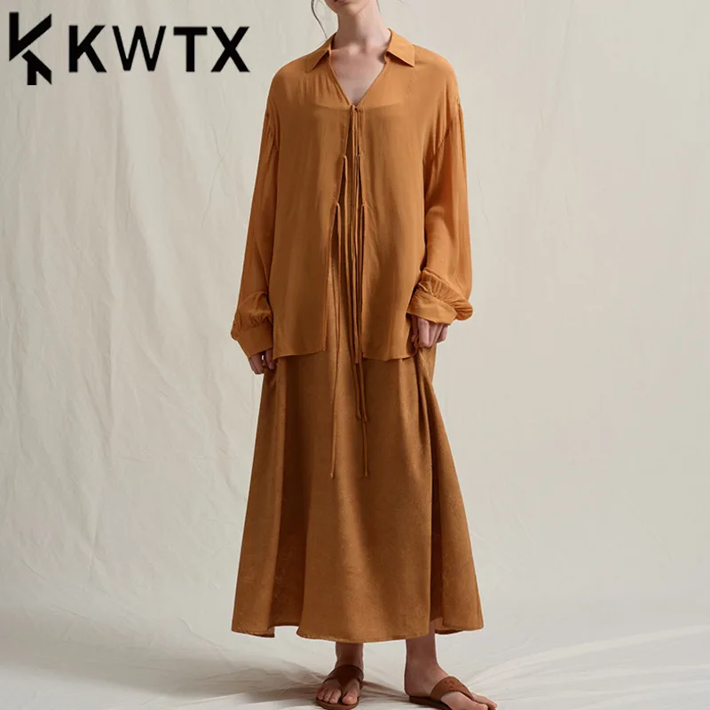 

KWTX 2025 Spring Summer Chiffon 2PC Set Tie-Up Blouse & Midi Skirt Vintage Elegant Luxury High Quality Chic Design Outfit