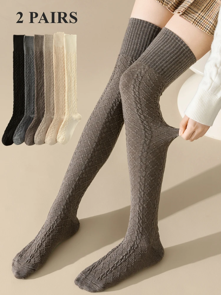 

2 Pairs Thick Winter Stockings Women Cute Warm Knee -high Long Socks Ladies Synthetic Wool Stockings Over Knee
