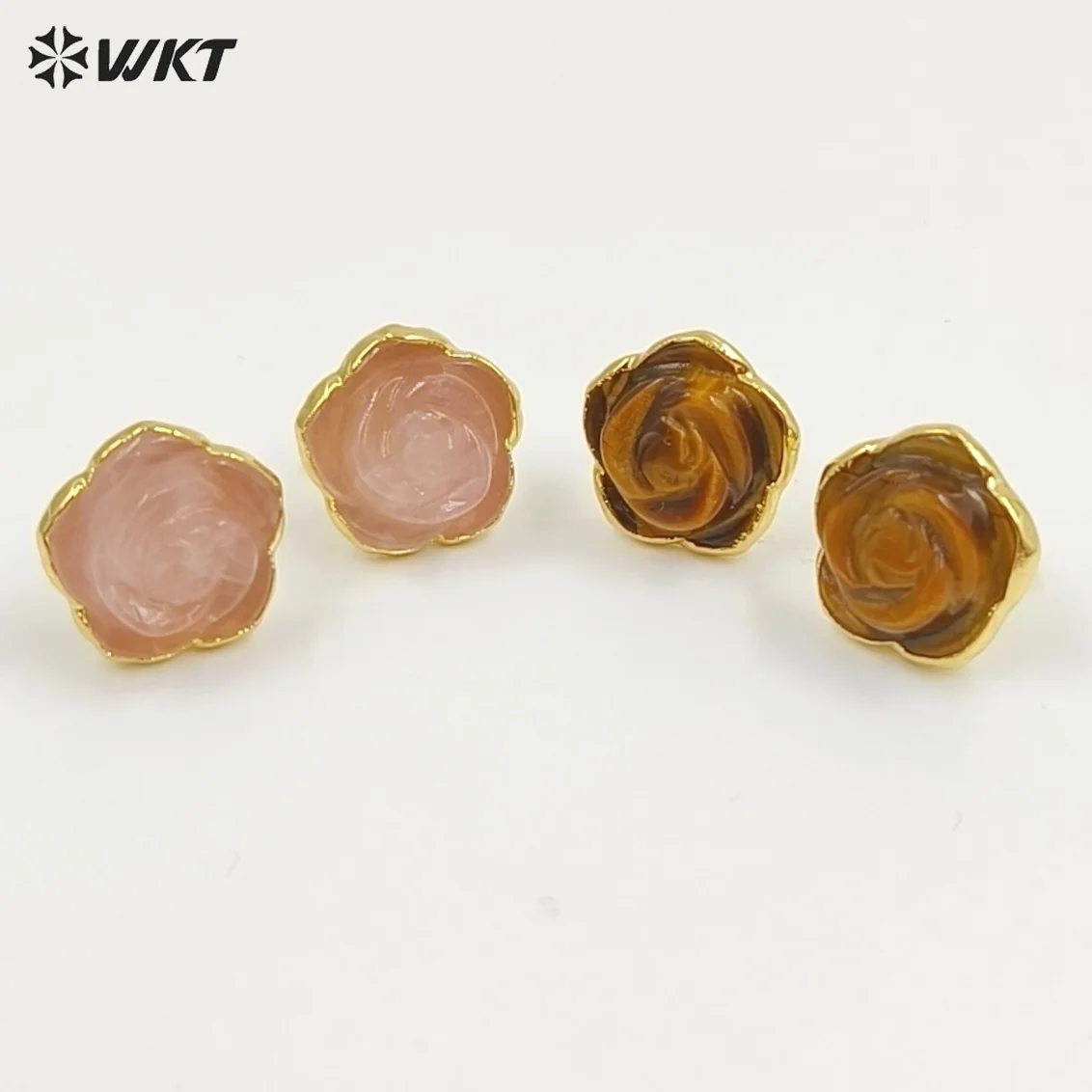 

WT-E813 Exquisite Gold Plated Natural Gemstone Hand Carved Rose Flower Shape Little Earrings Studs For Lady Daily Jewelry