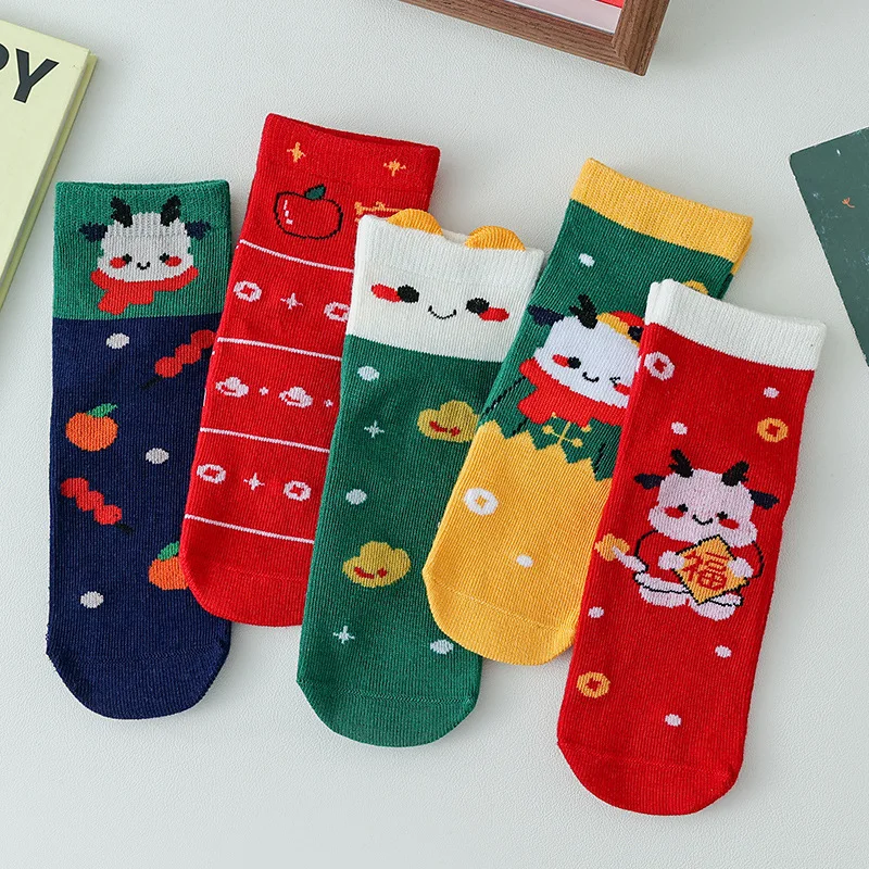 5 Pairs Kids New Year Cartoon Ox Crew Socks Festive Red Green Soft Cotton Breathable Children Holiday Mid‑Calf Socks