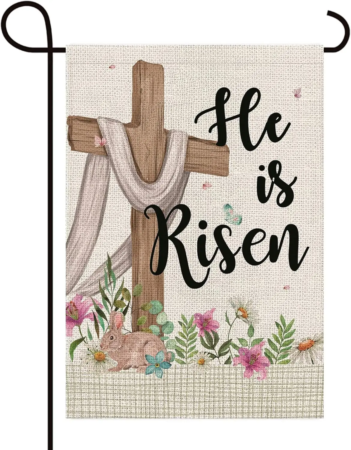 Texupday He is Risen Religious Cross Floral Decoration Easter Spring Double Sided Vertical Burlap Garden Flag Rustic Farmhou WZZ