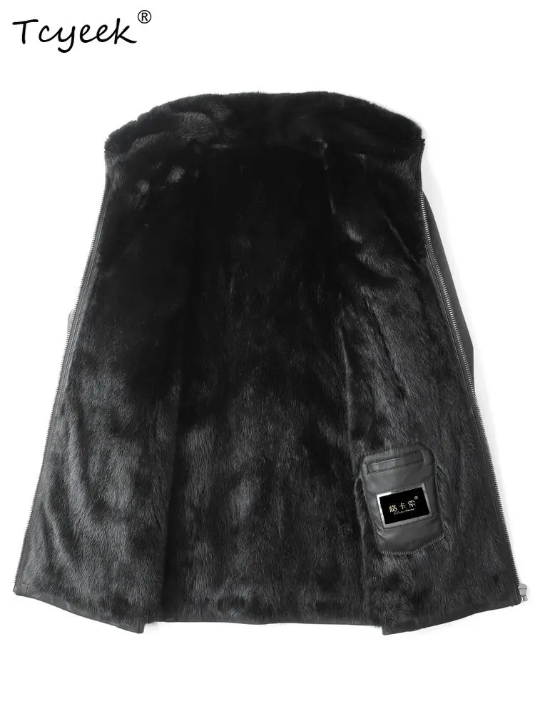 Tcyeek Natural Mink Fur Coat Men Fashion Calfskin Real Leather Jacket Man Whole Black Mink Winter Clothes Mid-length Slim Fit