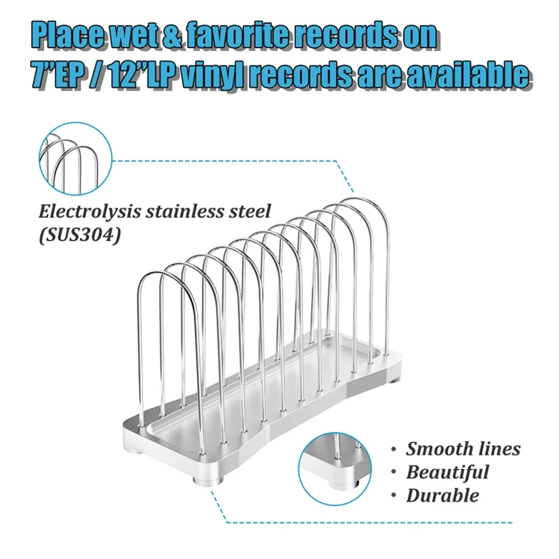 B49C Vinyl Record Display Rack Metal Stand For 7" And 12" Albums 10-Slot Organizer For Music Lovers For Home And Office Silver